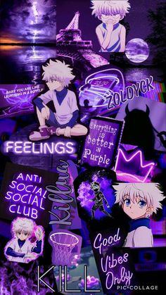 some anime characters with purple lights on them