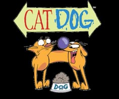 two cartoon cats standing next to each other in front of a sign that says cat dog