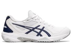 a white and blue sneaker with the word asics written on the upper part