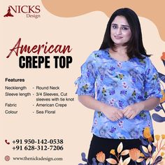 Looking for a fresh way to upgrade your classy summer outfits? Get stay on top of your style game with this latest American crepe top and get biggest savings. Shop now for this women's clothing by giving us call. To buy, click on this link below: https://bit.ly/3kLe7tV ☎️ Call: 062831 27206 🌐 Visit: https:www.thenicksdesign.com 📧 Email: info@thenicksdesign.com 🏠: Address: 13 New Anand Nagar, Maqsudan Jalandhar, Punjab region, India 144027 #tops #womenstops #americancrepetop Classy Summer Outfits, Crepe Top, Tie Knots, Cat Shirts