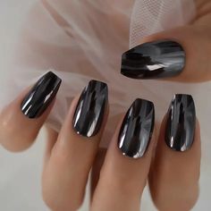 Gunmetal Gray Chrome Mirror Medium Coffin Press On Nails Fake False 24 Set | eBay Black Chrome Nails, Grey Nail Art, Chrome Nail Polish, New Years Nail Designs, Medium Coffin, Long Press On Nails, Chrome Nails Designs, Mirror Nails, Coffin Press On Nails