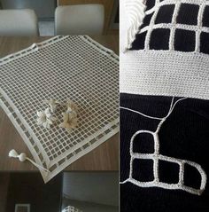 two pictures side by side, one with white crochet and the other has black and white material