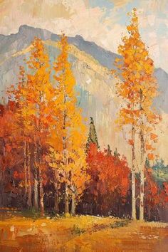 an oil painting of trees in the fall with mountains in the background