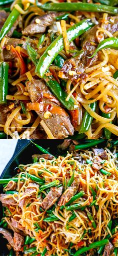 two plates with noodles, meat and vegetables on them