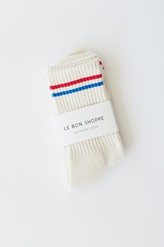 Le Bon Shoppe Boyfriend Socks in milk. Stay fly all year long in these calf length sports socks. Pair with sneakers or sliders. 85% Cotton, 13% Polyester, 2% Spandex Machine wash cold, tumble dry low Do not iron or bleach One size fits most Made in Korea *Raw cotton is farmed in India and the cotton yarns are fully milled and manufactured in South Korea Parc Shop Boyfriend Socks, The Boyfriend, Sports Socks, Sport Socks, Tumble Dryer, Drink Sleeves, Crew Socks, Cotton Yarn, Sliders