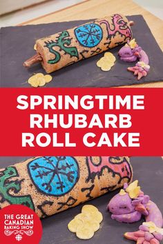 two picture of the rhubarb roll cake with the title "springtime rhubarb roll cake" in the middle Fall Baking Recipes, Gel Food Coloring, Roll Cake, Cake Images, Whole Eggs, Fall Baking, Cake Batter, Rhubarb