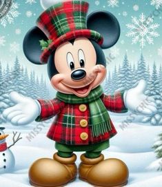 mickey mouse is dressed up for christmas in the snow