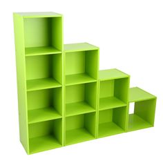 three lime green shelving units sitting next to each other on a white background with no one in the photo