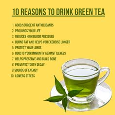 a glass cup filled with green tea on top of a saucer and surrounded by the words 10 reasons to drink green tea