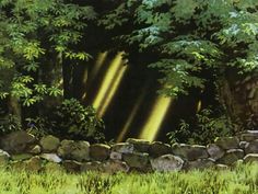 a painting of sunlight coming through the trees onto rocks and grass in front of a stone wall