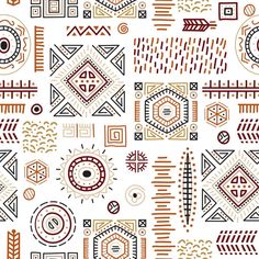 an abstract pattern with geometric shapes and lines in red, orange and black on a white background