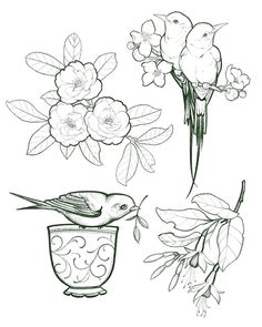 some flowers and birds in a vase with one bird sitting on the flower pot, another bird standing on the branch