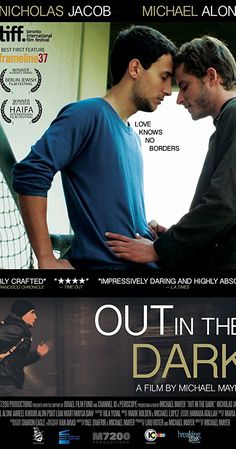 the movie poster for out in the dark with two men standing next to each other