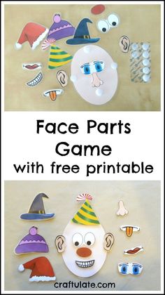 a paper plate with faces and hats on it that says face parts game with free printable