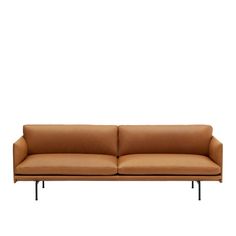 a tan leather couch with black legs on an isolated white background, viewed from the front