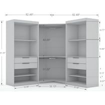 an open closet with measurements for the door and shelves on each side, including two drawers