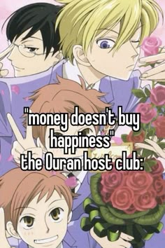 three people with flowers in their hands and the caption reads money doesn't buy happiness