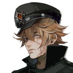 an anime character with blonde hair wearing a black uniform and a helmet on his head