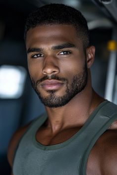 a close up of a person wearing a tank top and looking at the camera with a serious look on his face