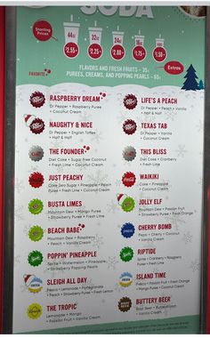 a menu for some kind of food on the side of a building with snowflakes