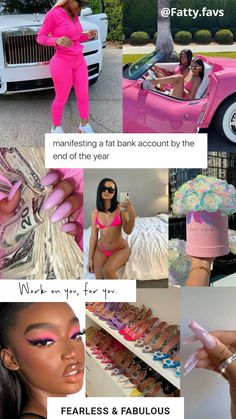 a collage of photos with different women in pink and white outfits, including a car