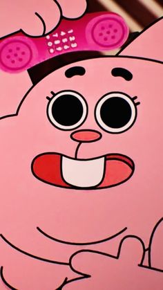 a pink cartoon character with big eyes and a bow on her head is smiling at the camera