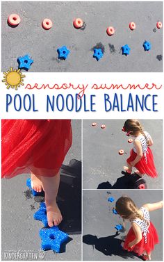 a collage of photos showing how to play with pool noodle balances in the sand