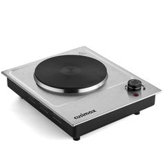 the turntable is silver and black with an electronic knob