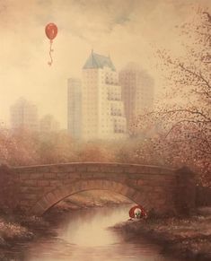 a painting of a bridge over a river with buildings in the background and a balloon flying above it