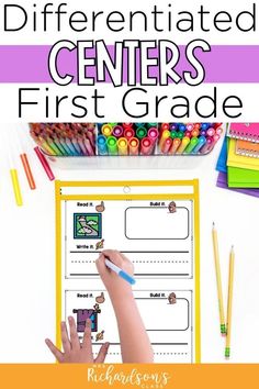 a child's hand writing on a paper with the words differentiated centers first grade