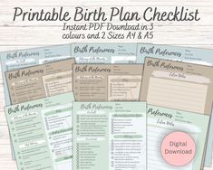 the printable birth plan checklist is shown in four different colors and sizes, along with