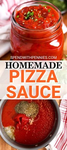 homemade pizza sauce in a glass jar on a wooden table with text overlay that reads homemade pizza sauce