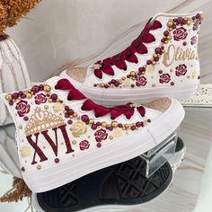 🌸 Step into your Sweet Sixteen or Quinceañera party with an air of elegance and panache, courtesy of our exquisite Flowers Style Custom Converse Shoes. These aren't your run-of-the-mill sneakers; they've undergone a regal transformation exclusively for your special birthday celebration. 🌸 Who says sneakers can't be both sophisticated and comfortable? Well, we're tossing that rulebook out the window! Our Converse shoes are tailor-made for dancing the night away without any foot-related concerns Red And Gold Sneakers, Quinceanera Shoes Sneakers Red, Converse Quinceanera Shoes, Quince Tennis Shoes, Quince Shoes Converse, Red Quinceanera Shoes, Quince Converse, Shoes For Quinceanera, Quinceanera Shoes Sneakers