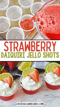 strawberry daiquiri jello shots with limes and strawberries in the background