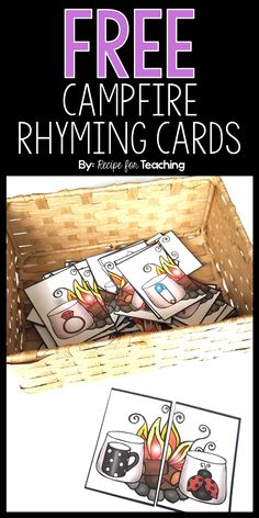 free printable campfire rhyming cards in a basket with text overlay