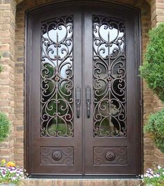 IWD Forged Iron Front Entry Double Door CID-045 Beautiful Pattern Arched Top 3/4 Lite Tuscan Doors, Mediterranean Doors, Pintu Ganda, Double Front Entry Doors, Wrought Iron Entry Doors, Wrought Iron Front Door, Porte In Ferro, Iron Front Door, Iron Entry Doors