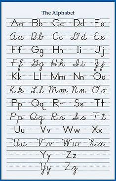 the alphabet is written in cursive writing on lined paper with blue border and black letters