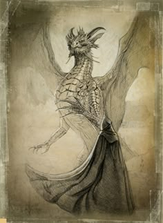 a drawing of a dragon with its wings spread