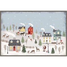 a christmas scene with houses and horses in the snow