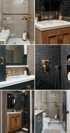 four pictures of bathroom with brick walls and gold fixtures