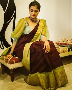 Organza Blouse Designs Latest, Organza Blouse Designs, Ramya Nambeesan, Remya Nambeesan, Bishop Sleeve Blouse, Simple Saree Designs