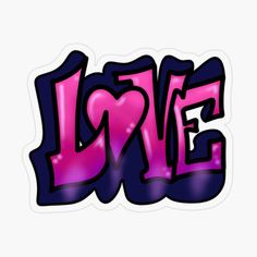 the word love written in pink and purple on a white background sticker is shown