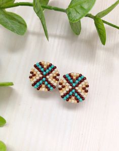 "Stud beadwork earrings in beige, brown, and turquoise colors. Traditional American earrings for women and for men. The earrings are handmade from Japanese beads Toho, using felt, a strong synthetic thread, a clasp of hypoallergenic metal, and leather. Measurements: Diameter of the earrings ≈ 0.75\" It will be a great gift, I send all jewelry in gift wrapping. You can also order earrings in the colors you like! Similar earrings are available in other colors. https://www.etsy.com/listing/13044303 Beaded Stud Earrings, Order Earrings, Jewelry Traditional, Beadwork Earrings, Native Beading Patterns, Beaded Earrings Native, Japanese Beads, Seed Beading, Native Style