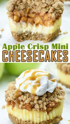 apple crisp mini cheesecakes with whipped cream on top and an image of apples in the background