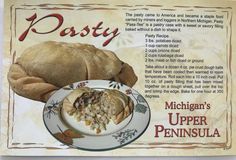 an advertisement for pasta with meat and vegetables on it, featuring a large piece of bread