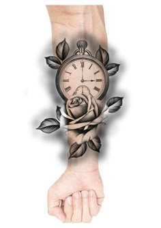 a person with a tattoo on their arm holding a clock and roses in the background