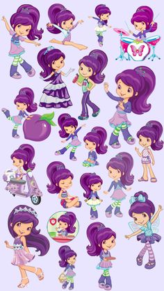 cartoon girls with purple hair and various outfits, all in different positions to make their own character