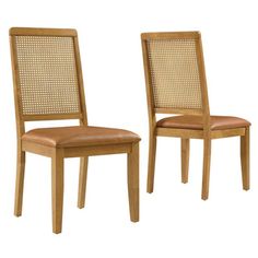 a pair of wooden chairs with brown leather seat covers on each one and the other side