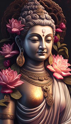 a buddha statue with flowers around it's neck and eyes closed, in front of a black background