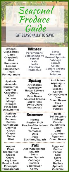 the seasonal produce guide is shown in green, white and black text that reads eat seasonally to save